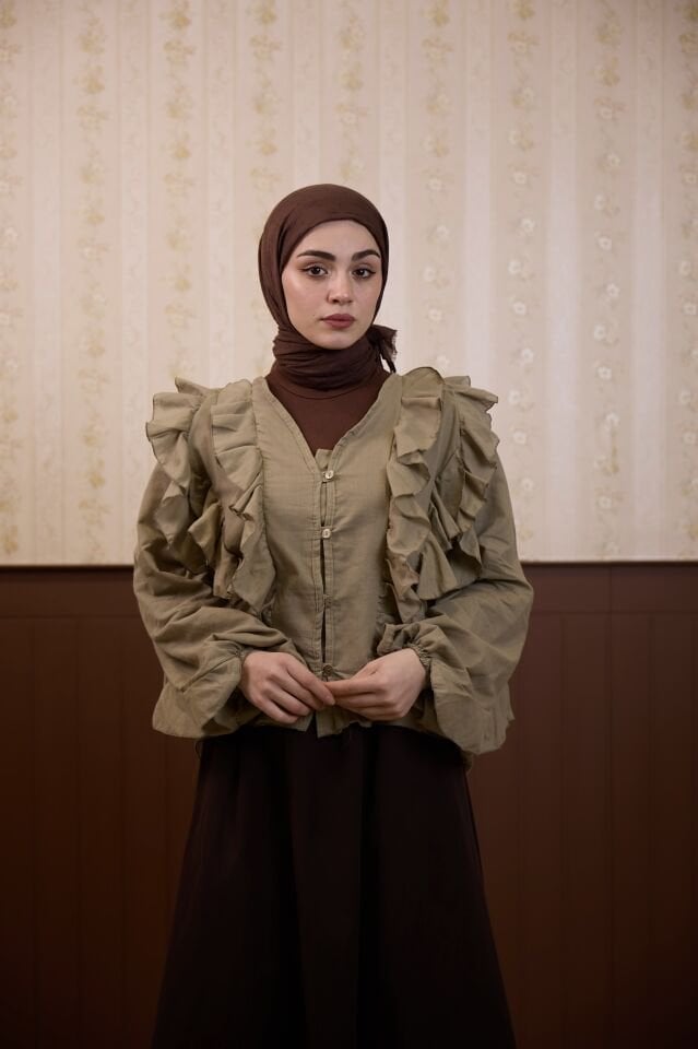 Çağla Yeşili Volanlı Vual Keten Gömlek