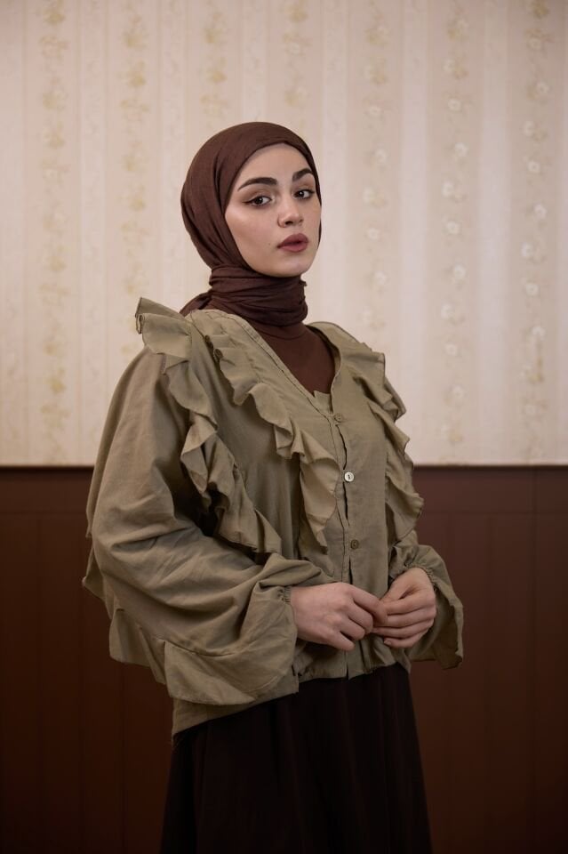 Çağla Yeşili Volanlı Vual Keten Gömlek