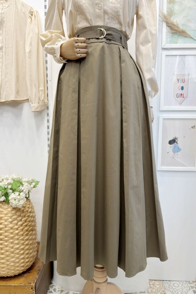 Haki Yeşili Novera Kemer Detaylı Etek