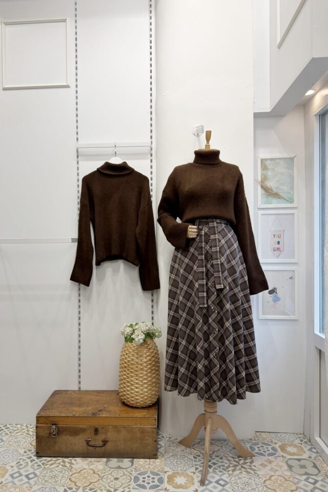 Kahverengi Kuşak Detaylı Ekoseli Lorien Etek