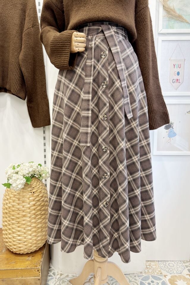 Kahverengi Kuşak Detaylı Ekoseli Lorien Etek