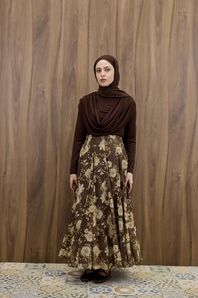 Kahverengi Rosel Çiçek Desenli Şifon etek