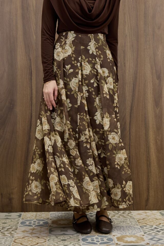 Kahverengi Rosel Çiçek Desenli Şifon etek