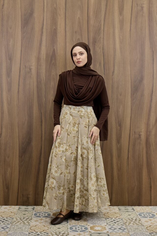 Vizon Rosel Çiçek Desenli Şifon etek