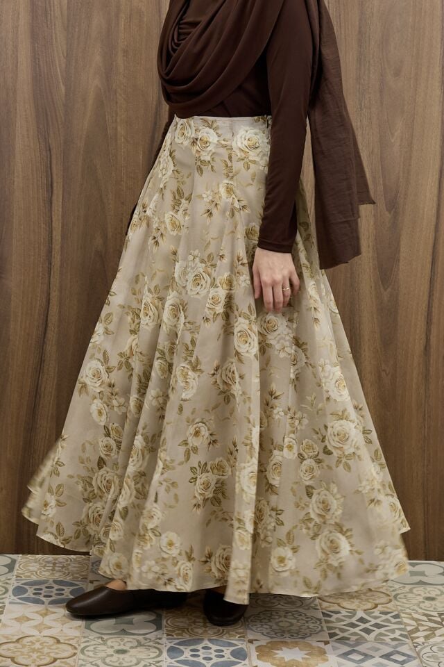 Vizon Rosel Çiçek Desenli Şifon etek