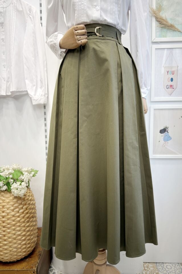 Koyu Yeşil Novera Kemer Detaylı Etek