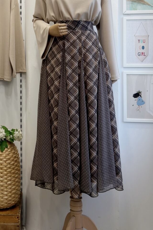 Vizon Ekose Desenli Formel Şifon Etek