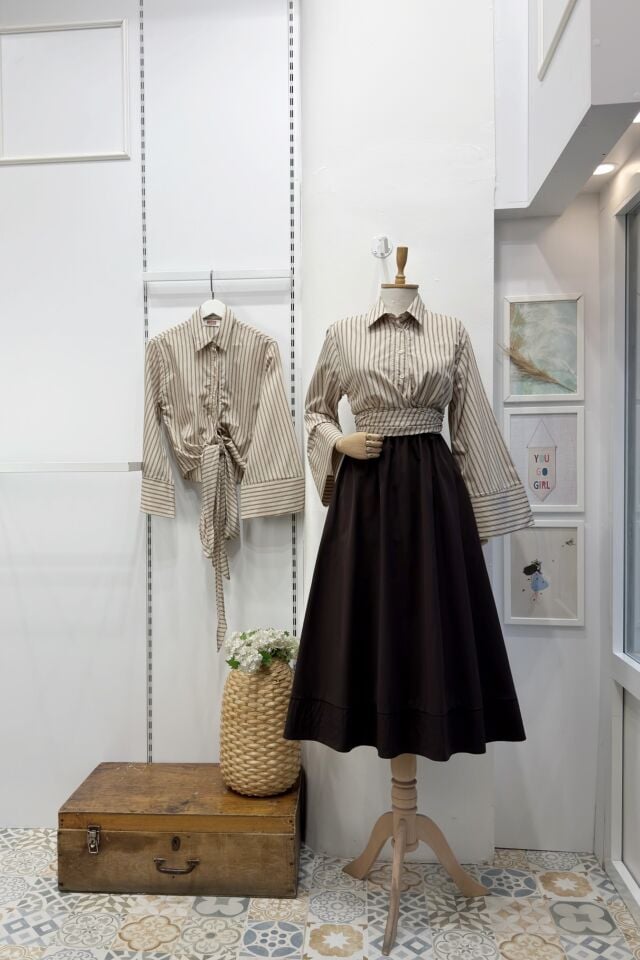 Vizon Çizgili Bağlamalı Gömlek