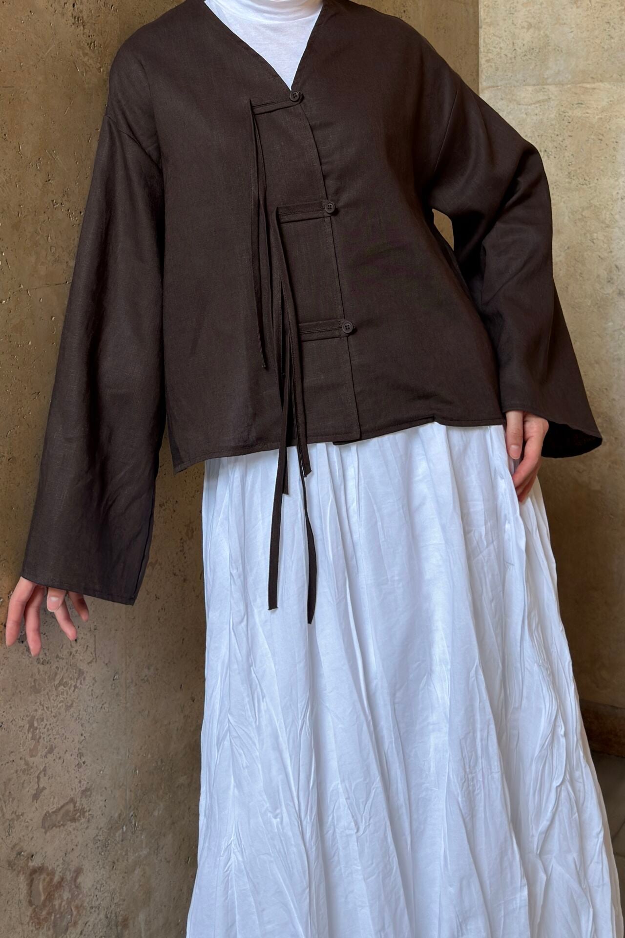 Acı Kahve Keten Azeline Ceket Gömlek