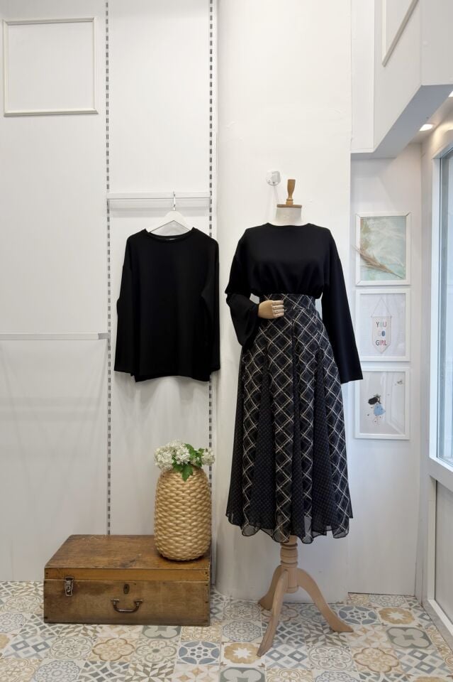 Siyah Ekose Desenli Formel Şifon Etek