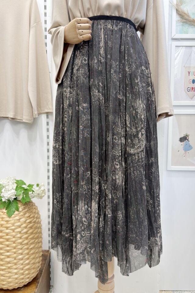 Haki Yeşili Etnik Desenli Asimetrik Kesim Etek