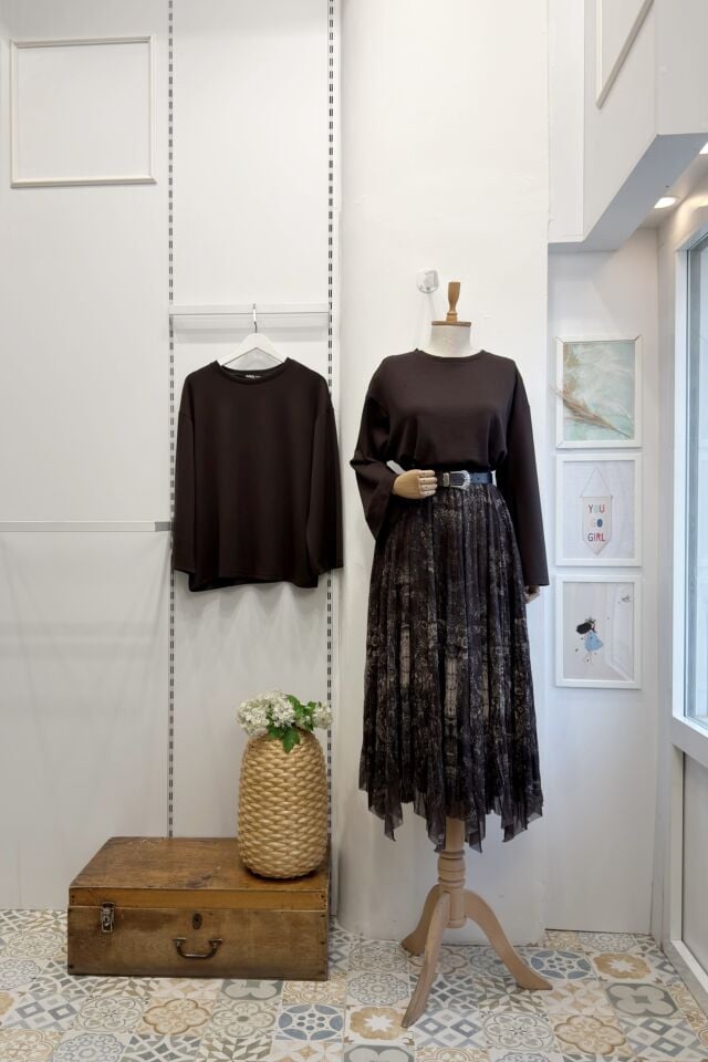 Kahverengi Etnik Desenli Asimetrik Kesim Etek