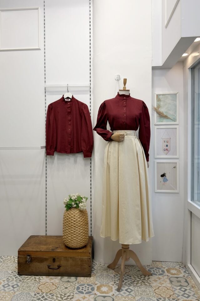 Bordo Hakim Yaka Nervür Dikişli Poplin Gömlek