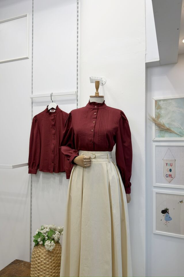 Bordo Hakim Yaka Nervür Dikişli Poplin Gömlek