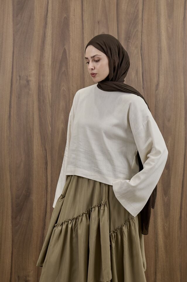 Ekru Forme Keten Bluz