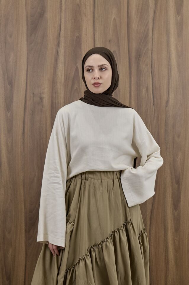 Ekru Forme Keten Bluz