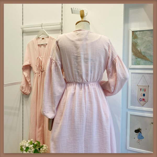 Uçuk Pembe Müslin Kumaş Matin Elbise