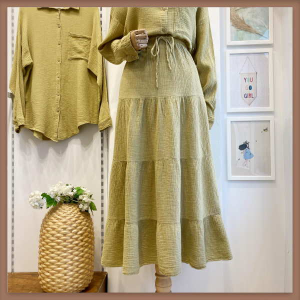 Beli İp Detaylı Çağla Yeşili Müslin Etek