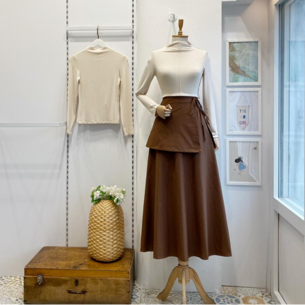 Kahverengi Ek Parçalı Poplin Etek