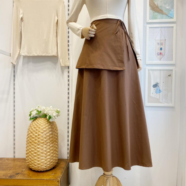 Kahverengi Ek Parçalı Poplin Etek