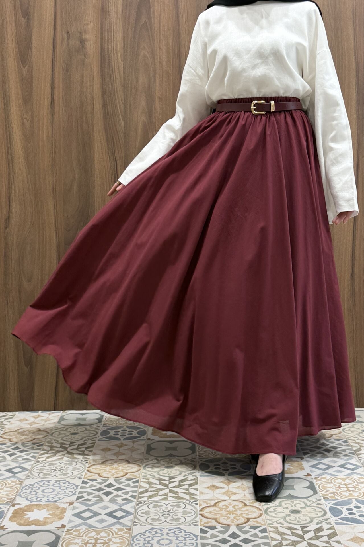 Vişne Rengi Ceinture Kemerli Keten Etek