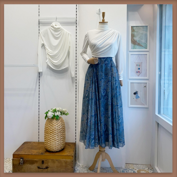 Şal Desenli Açık Mavi Şifon Etek