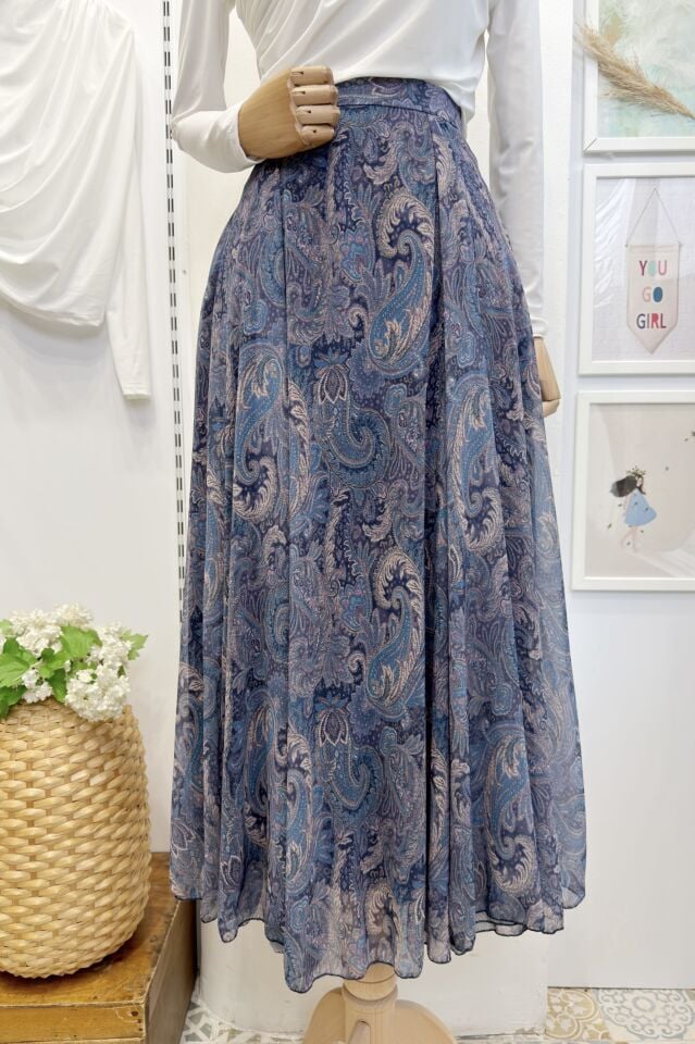 Şal Desenli Açık Mavi Şifon Etek