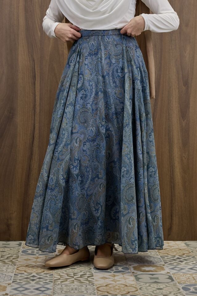 Şal Desenli Açık Mavi Şifon Etek