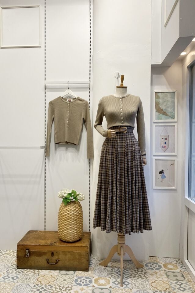 Vizon Minik Ekose Desenli Kemerli Etek