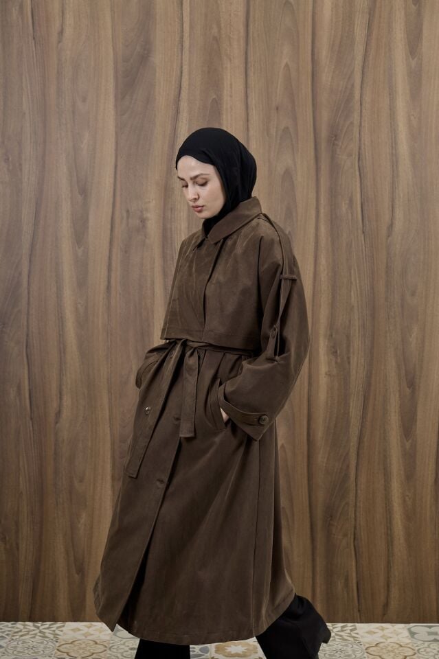 Kahverengi Nubuk Görünümlü Tensel Trençkot