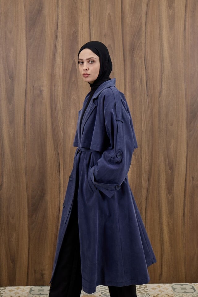 Lacivert Nubuk Görünümlü Tensel Trençkot