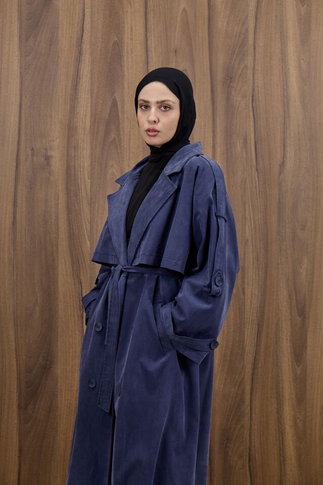 Lacivert Nubuk Görünümlü Tensel Trençkot