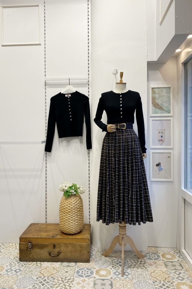 Acı Kahve Minik Ekose Desenli Kemerli Etek