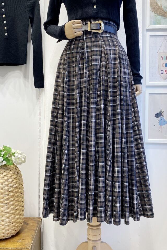 Acı Kahve Minik Ekose Desenli Kemerli Etek