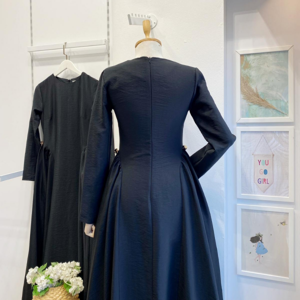 Siyah Paper Touch Bel Detaylı Penelope Elbise