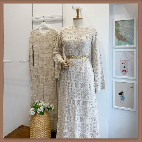 Krem Loops Örme Triko Elbise