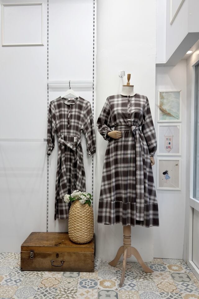 Turuncu Kahverengi Ekoseli Sweety Elbise