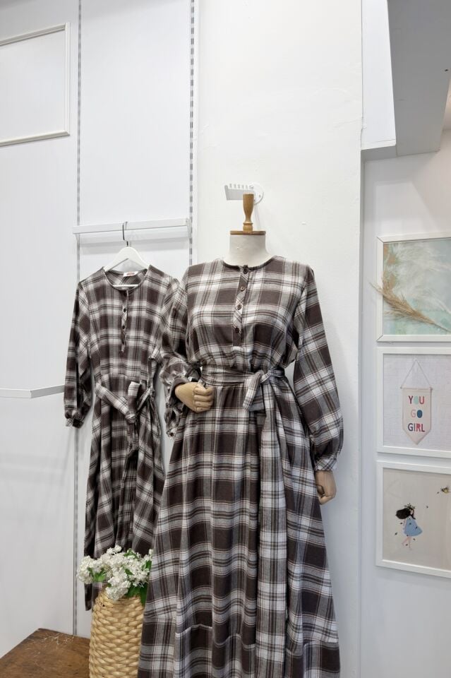 Turuncu Kahverengi Ekoseli Sweety Elbise