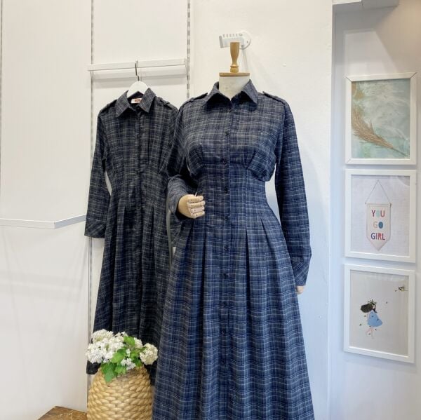 Lacivert Ekose Desenli Elbise