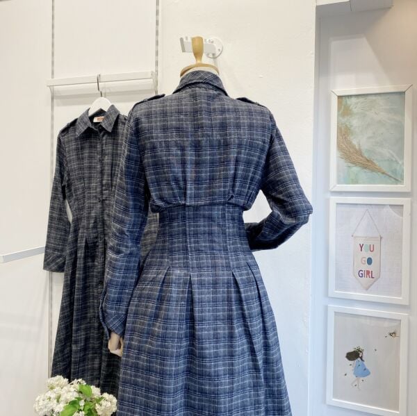 Lacivert Ekose Desenli Elbise