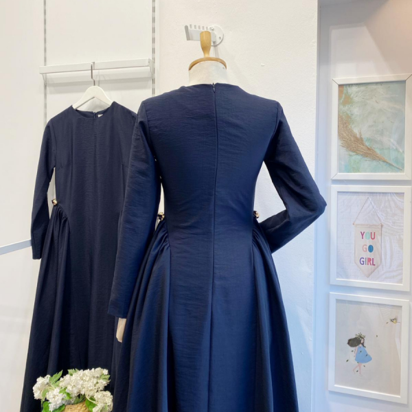 Lacivert Paper Touch Bel Detaylı Penelope Elbise