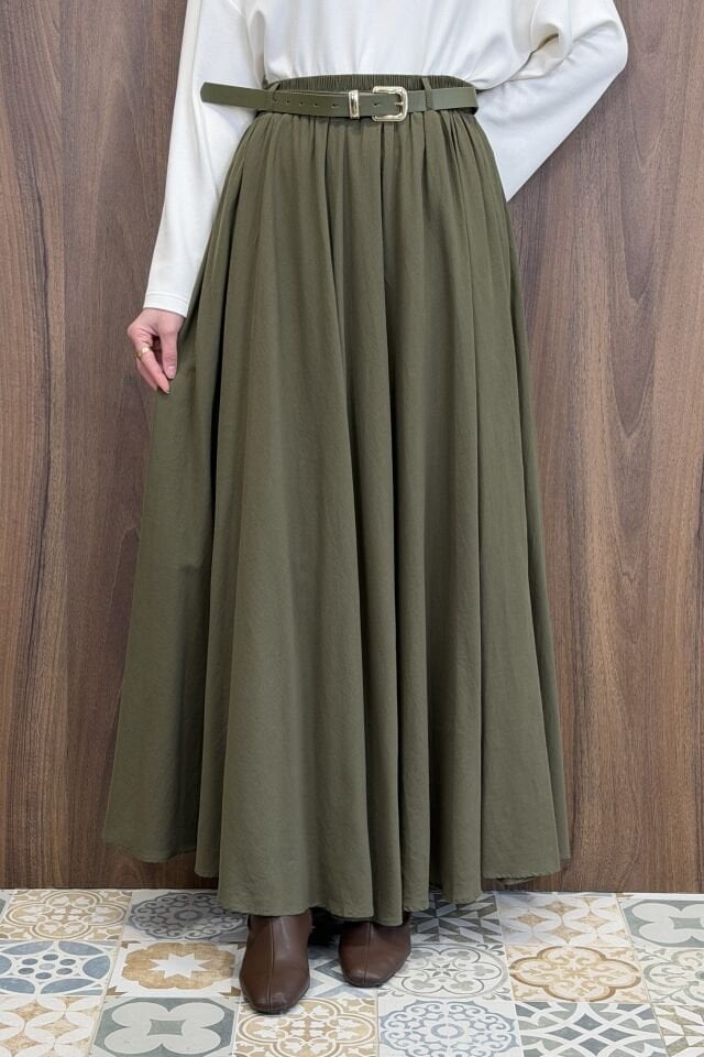 Haki Yeşili Ceinture Kemerli Keten Etek