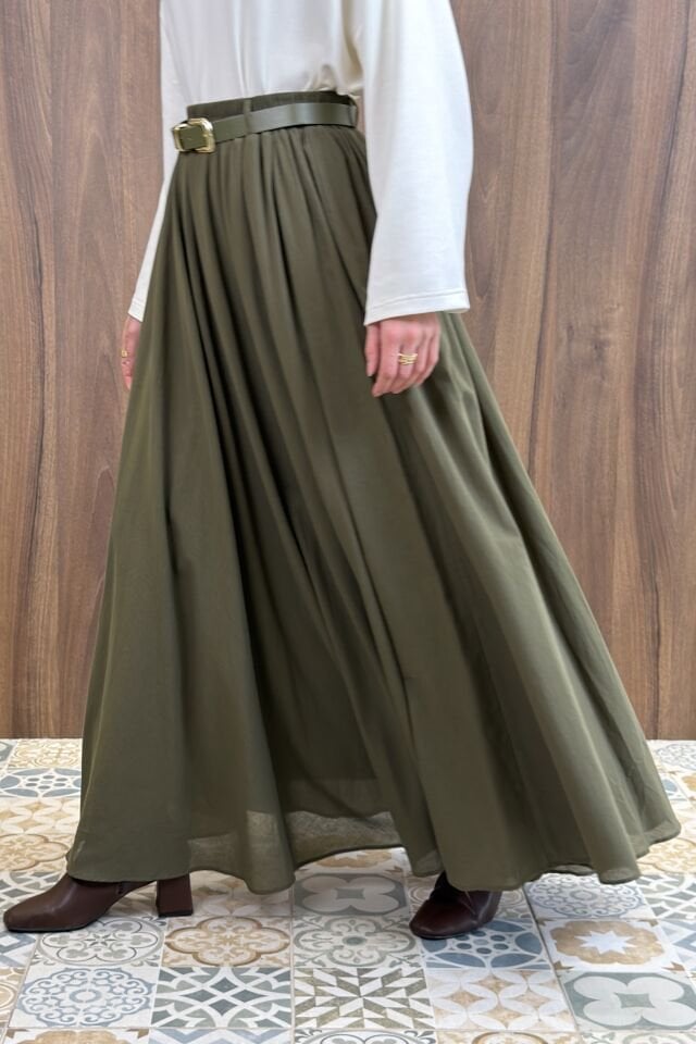 Haki Yeşili Ceinture Kemerli Keten Etek