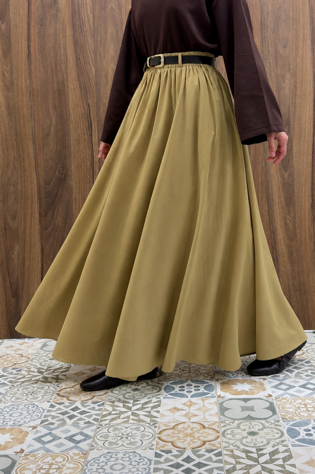 Yağ Yeşili Ceinture Kemerli Keten Etek