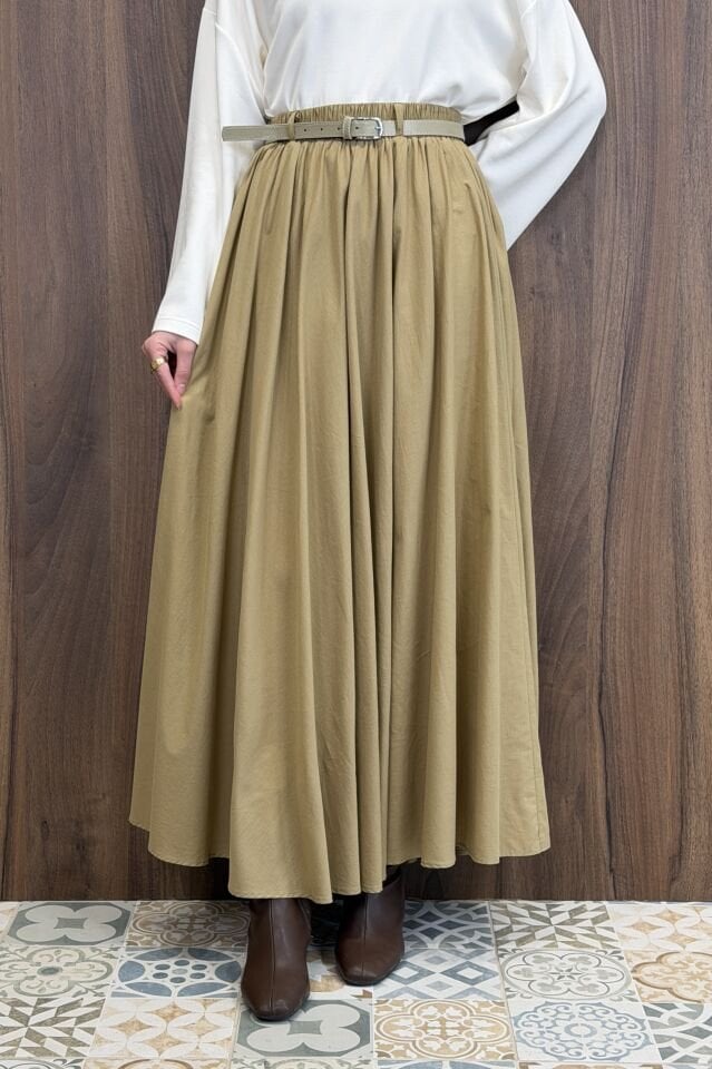 Yağ Yeşili Ceinture Kemerli Keten Etek