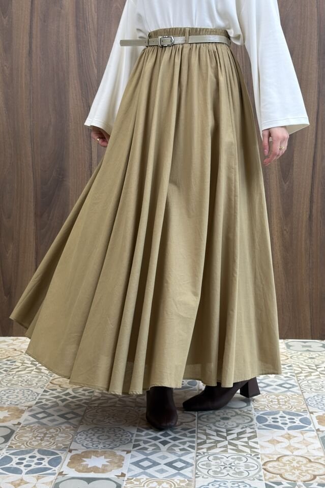 Yağ Yeşili Ceinture Kemerli Keten Etek