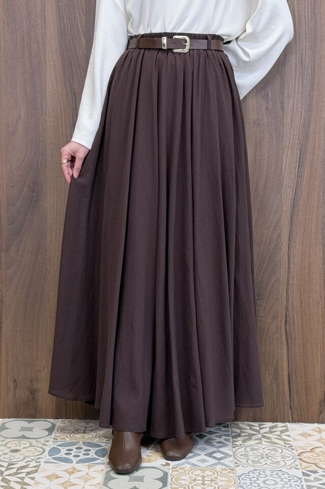 Acı Kahve Ceinture Kemerli Keten Etek