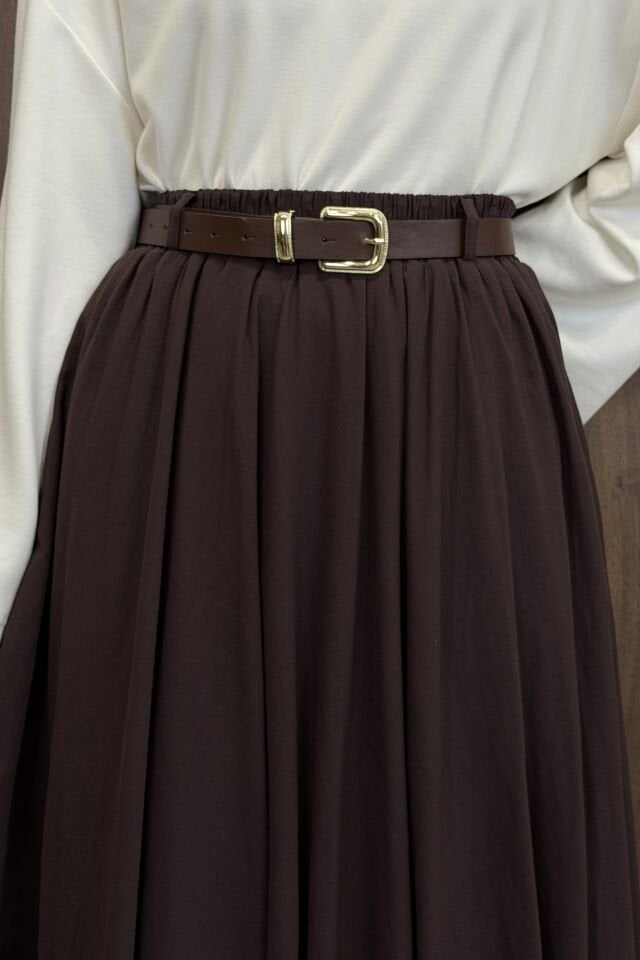 Acı Kahve Ceinture Kemerli Keten Etek