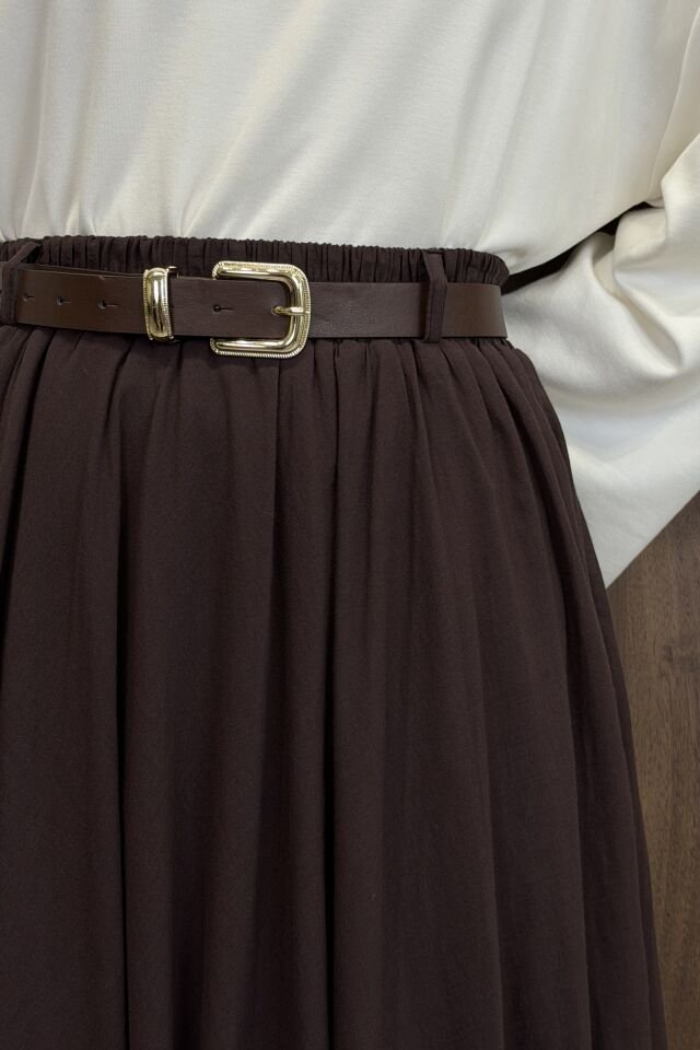 Acı Kahve Ceinture Kemerli Keten Etek