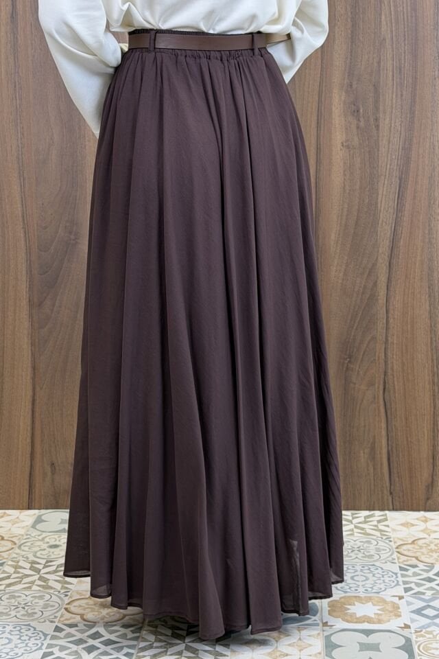 Acı Kahve Ceinture Kemerli Keten Etek